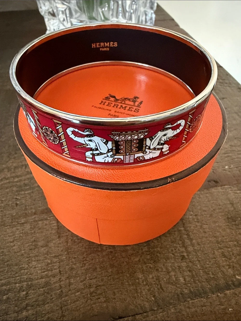 Like new Hermes Elephant Bangle in Red Enamel and Silver Hardware - Size 70cm